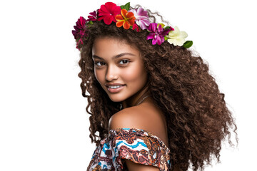 Smiling Latino woman with flower crown portrait, cut out transparent