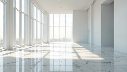 Modern white room with natural light flooding through large windows. Polished marble floor reflects light. Clean, elegant interior design. Spacious bright airy space. Ideal for office background