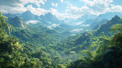 Verdant valley kissed by the sky a journey to paradise revealing misty peaks in a lush tropical landscape against a