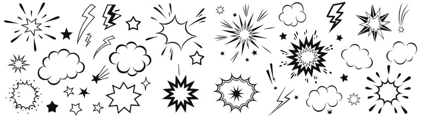 Set of Black and White Comic Book Effects. This graphic collection features a variety of comic book effects, including speech bubbles, explosions, stars, and lightning bolts. © freelancerhamza65