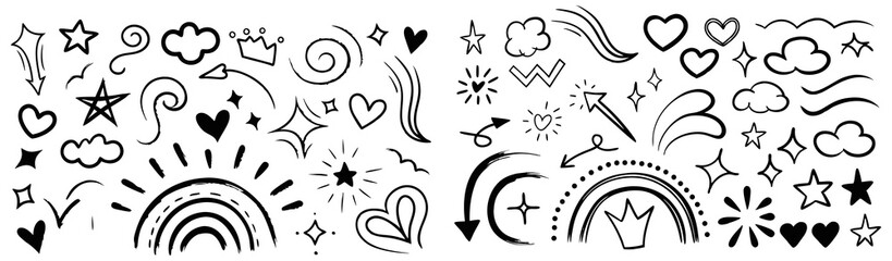Collection of Hand-Drawn Doodle Shapes for Design Projects. This image features a set of various hand-drawn shapes, including stars, hearts, circles, triangles, and other doodles.