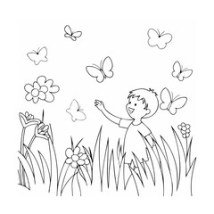 Happy child reaching for butterflies in a field with flowers and tall grass illustration