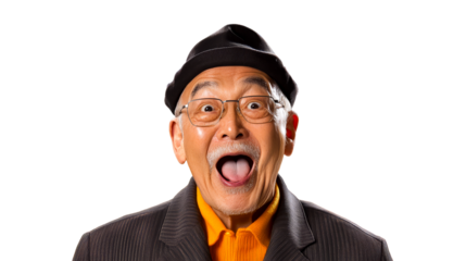 Excited Asian Senior Male with Open Mouth, cut out transparent