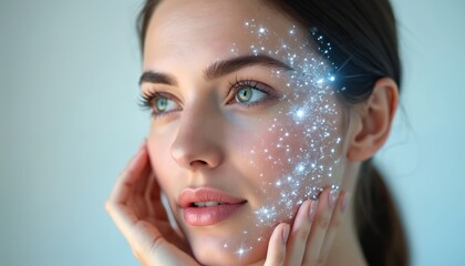 Plakat Close-up of woman face illuminated by digital light patterns, symbolizing pre-plastic surgery detection, facial muscle line analysis using tech and AI. Modern medical innovations for beauty.