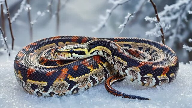 Close up a snake in the snow slow moving , 4K video.