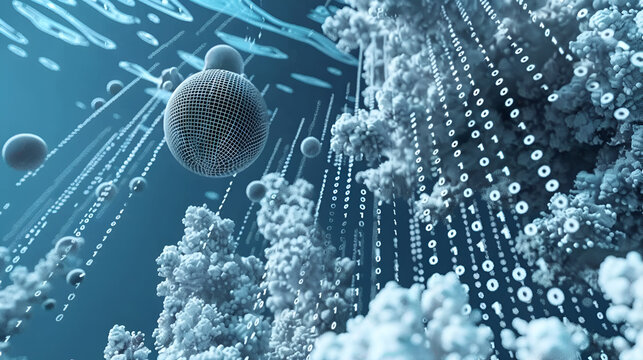 Floating ink droplet morphing into binary code shape