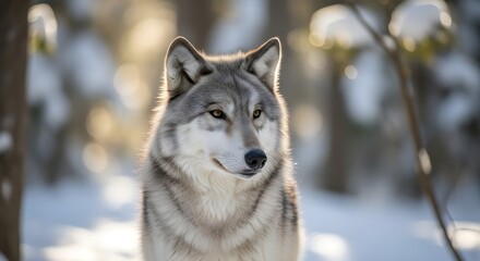 Close-up portrait of a gray wolf in a snowy forest with intense gaze