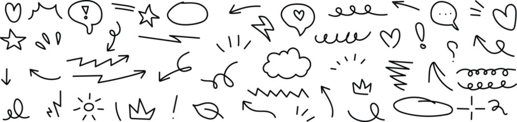 Diverse Hand-Drawn Doodle Shapes and Symbols Collection. doodle hand drawn highlight line, sparkle design element vector