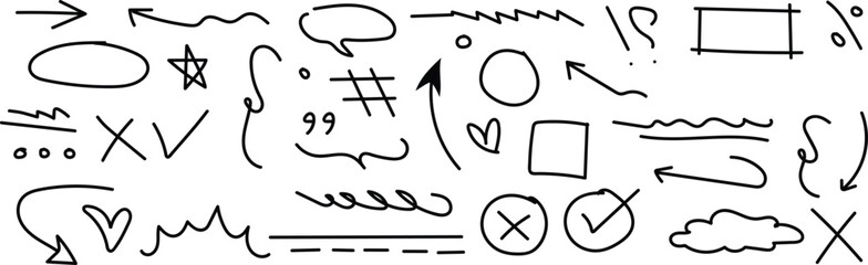 Diverse Hand-Drawn Doodle Shapes and Symbols Collection. doodle hand drawn highlight line, sparkle design element vector