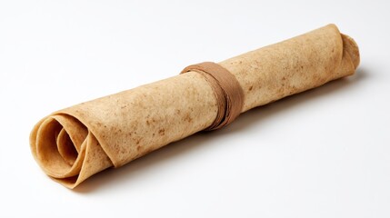 Fototapeta premium Rolled wheat flatbread tied with twine on white background