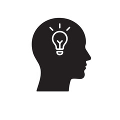 Creative Thinking Concept – Light Bulb in Human Head Silhouette, Black and White Minimalist Design