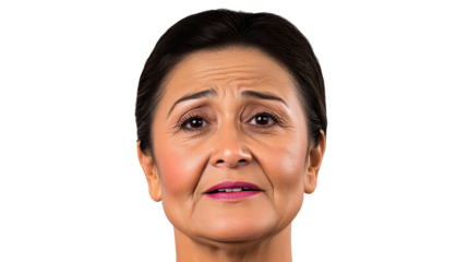Mature Asian woman with a concerned expression, cut out transparent