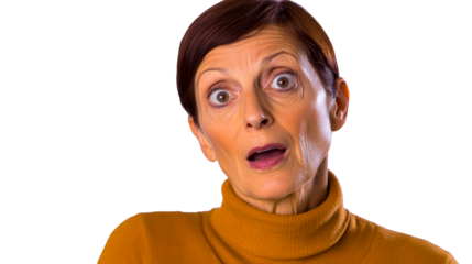 Shocked looking mature woman in orange sweater, cut out transparent