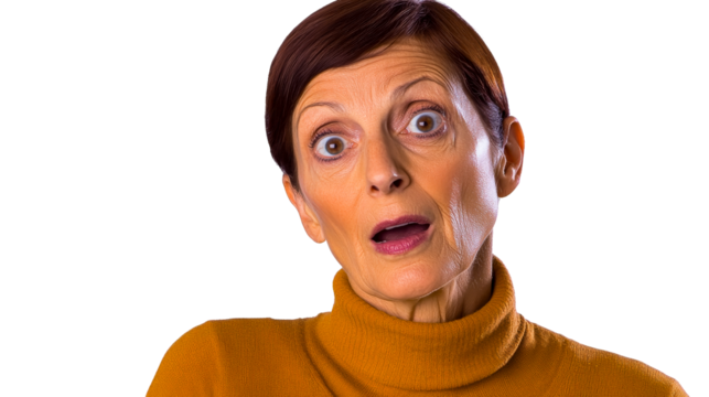 Shocked looking mature woman in orange sweater, cut out transparent