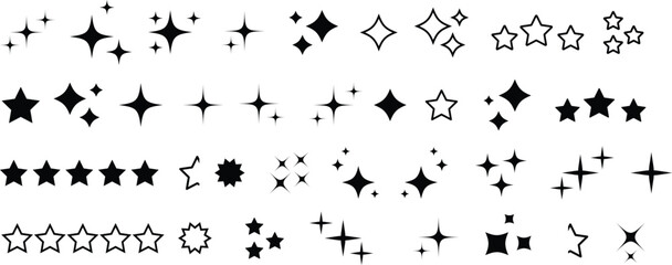 Set of blinking stars, sparks and sparkles. Shining twinkle sunburst shapes collection. 