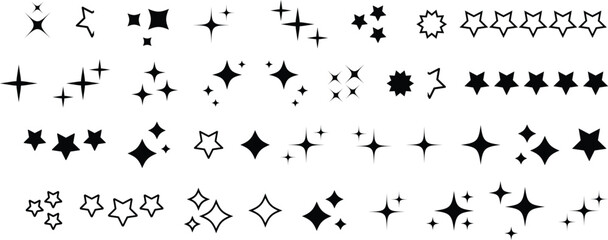 Set of blinking stars, sparks and sparkles. Shining twinkle sunburst shapes collection. 