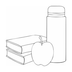 Line art illustration of school supplies featuring books apple and water bottle isolated on white