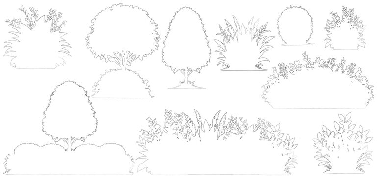 silhouette trees shrubs and bushes. isolated on white background Minimal style cad tree and bushes line drawing vector	
