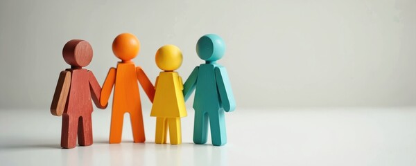 Diverse group wooden figures hold hands. Concept children rights, equality, justice, respect, diversity, tolerance, human relationships. Togetherness, trust, helping, teamwork, support concept.