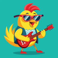 Cartoon chicken playing electric guitar with sunglasses on a turquoise background