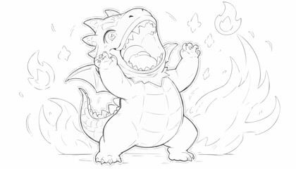 Obraz premium Cute line art of an excited baby dragon breathing fire with playful expressions, perfect for coloring