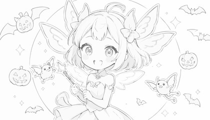 Charming line art of a fairy with butterfly wings holding a wand, surrounded by bats and pumpkins for Halloween coloring