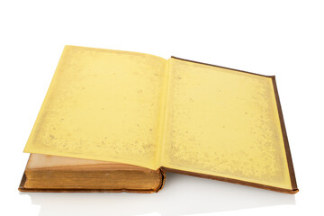 One old rare book isolated on white background, close-up.