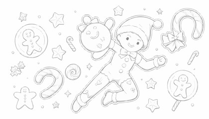 Fototapeta premium Playful coloring page featuring a cheerful child surrounded by holiday treats and decorations