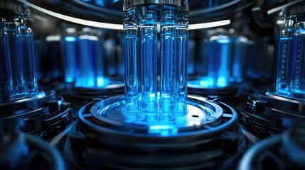 Close-up view of futuristic, glowing, cylindrical tubes.