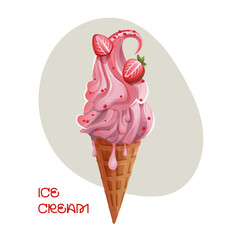 Strawberry Ice Cream in Waffle Cone