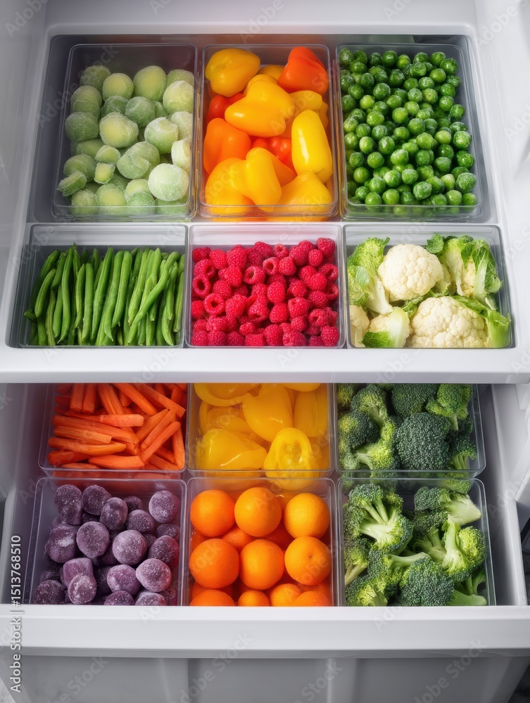 Aufkleber Colorful Frozen Fruits and Vegetables Arranged Neatly in an Open Freezer Drawer for Easy Access and Meal Preparation