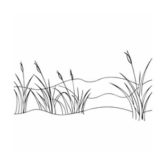 Simple black and white illustration of reeds and water line for artistic designs