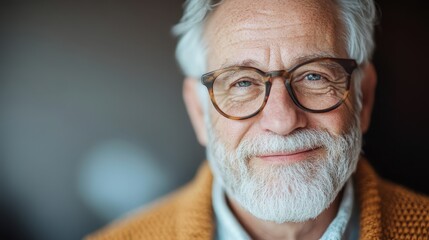 A heartwarming portrait of an elderly man with glasses smiling gently, showcasing the wisdom and warmth that comes with age, evoking feelings of connection and nostalgia.