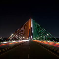 Obraz premium India's Stunning Cable-Stayed Bridge at Night: Vibrant Colors & City Lights