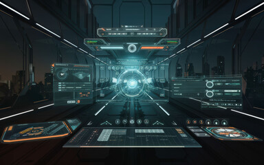 A futuristic control room with digital holographic interfaces and cityscape views, suggesting advanced technology and innovation.