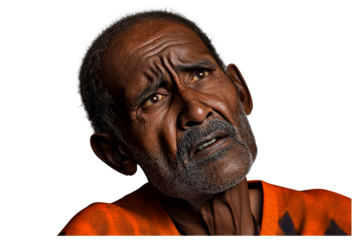 Worried elderly man stares, orange shirt, senior male, cut out transparent
