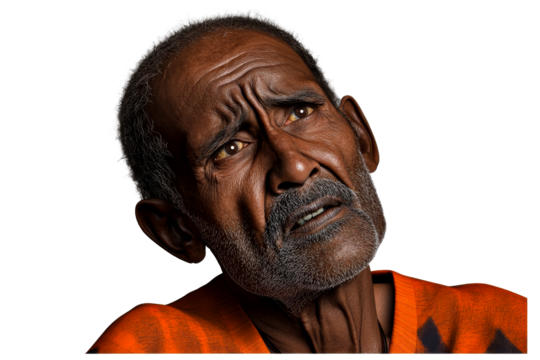 Worried elderly man stares, orange shirt, senior male, cut out transparent