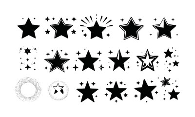 Fototapeta premium A modern vector-style collection of black star icons on a white background, star shapes including five-pointed stars, twinkling stars, outlined stars, shooting stars, easily editable.
