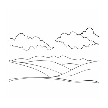 Simple black and white landscape illustration featuring rolling hills and cloudy sky elements