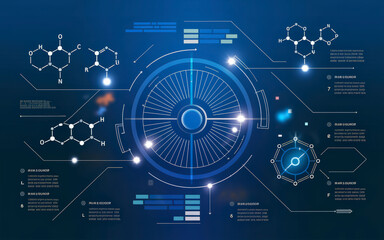 A digital interface displaying molecular structures, scientific data, and futuristic infographics on a blue background.