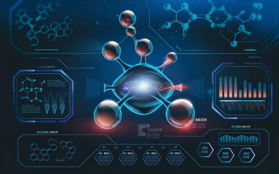 Futuristic digital interface displaying molecular structures, data charts, and scientific analytics in a high-tech style.