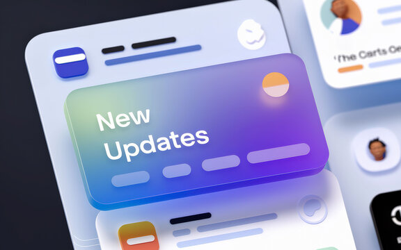 A modern user interface screen displays a "New Updates" notification card with vibrant colors and sleek digital design elements.