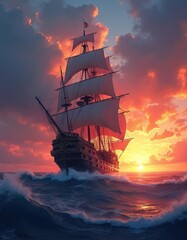 Fototapeta premium Galleon sails through sea, under vibrant fiery sunset. Pirate ship concept illustration. Waves surround vessel on journey. Maritime adventure, exploration, fantasy art, historical concept.