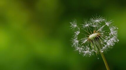 Fototapeta premium Close-up of a dandelion with water droplets, set against a blurred green background