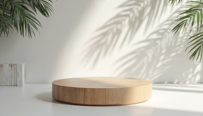 Minimalist wooden podium stage with palm leaf shadows on white wall. Product showcase, cosmetic display, fashion presentation with empty space for your object. Light and shadow.