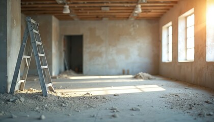 Empty construction site interior with metal ladder. Natural sunlight streams through windows. Building under renovation. Industrial workplace, interior space, building design, engineering,