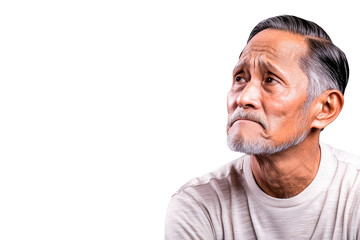 Obraz premium Senior Asian man looking up with concerned expression, cut out transparent