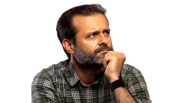 Pensive man in plaid shirt, hand on chin, looking up, cut out transparent - Powered by Adobe