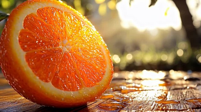 An orange slice is placed on a wooden surface, lit by the sun, looking fresh and juicy.