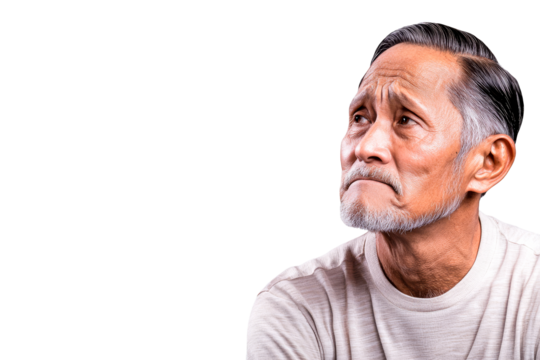 Senior Asian man looking up with concerned expression, cut out transparent